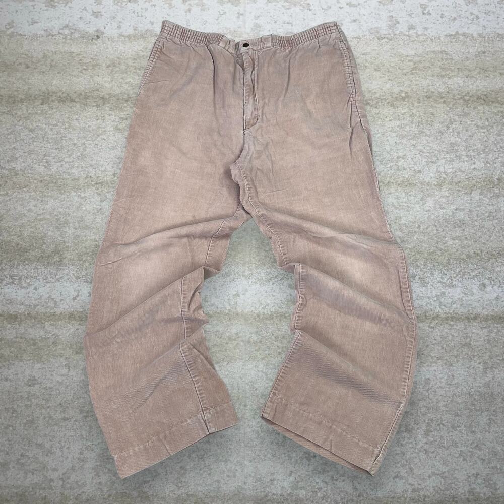 Vintage Y2K Corduroy Pants 36x30 Baggy Fit Wheat Tan Flat Front Trousers Elastic - Picture 2 of 4